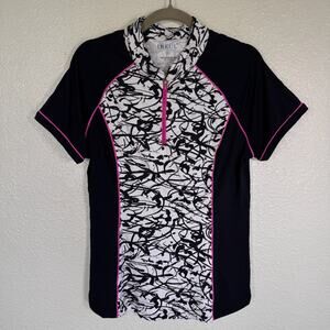 Ibkul Top Women Medium Abstract Black White Pink Zip Athletic Golf Tennis Active